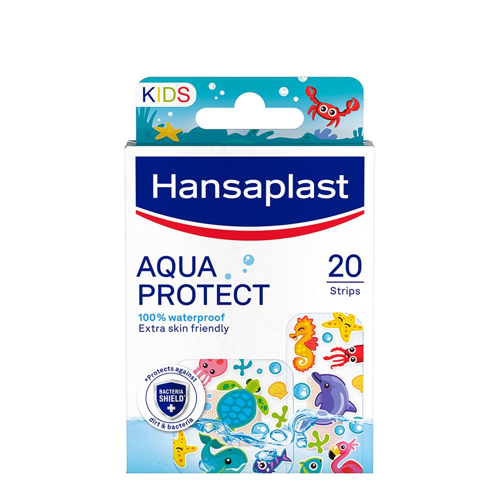 Hansaplast Aqua Protect Kids packshot, 20 waterproof plasters, featuring colourful ocean characters
