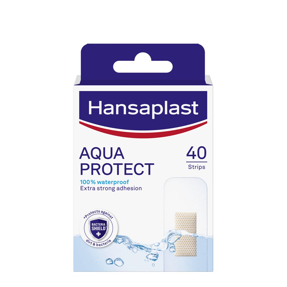Hansaplast Aqua Protect waterproof plasters packshot, 40 strips, with strong adhesion
