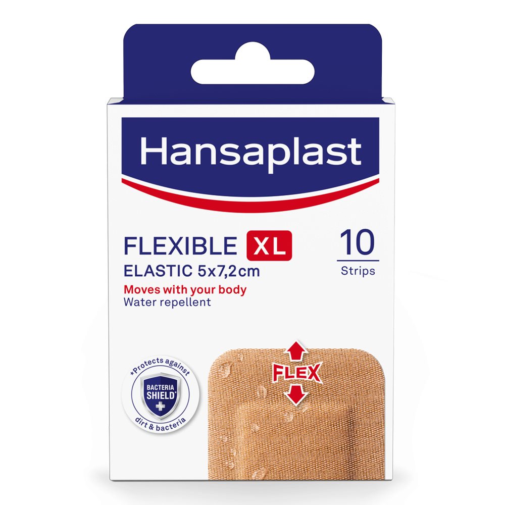 Hansaplast Flexible Elastic XL plasters packshot, 10 strips, designed for extra flexibility and water repellence