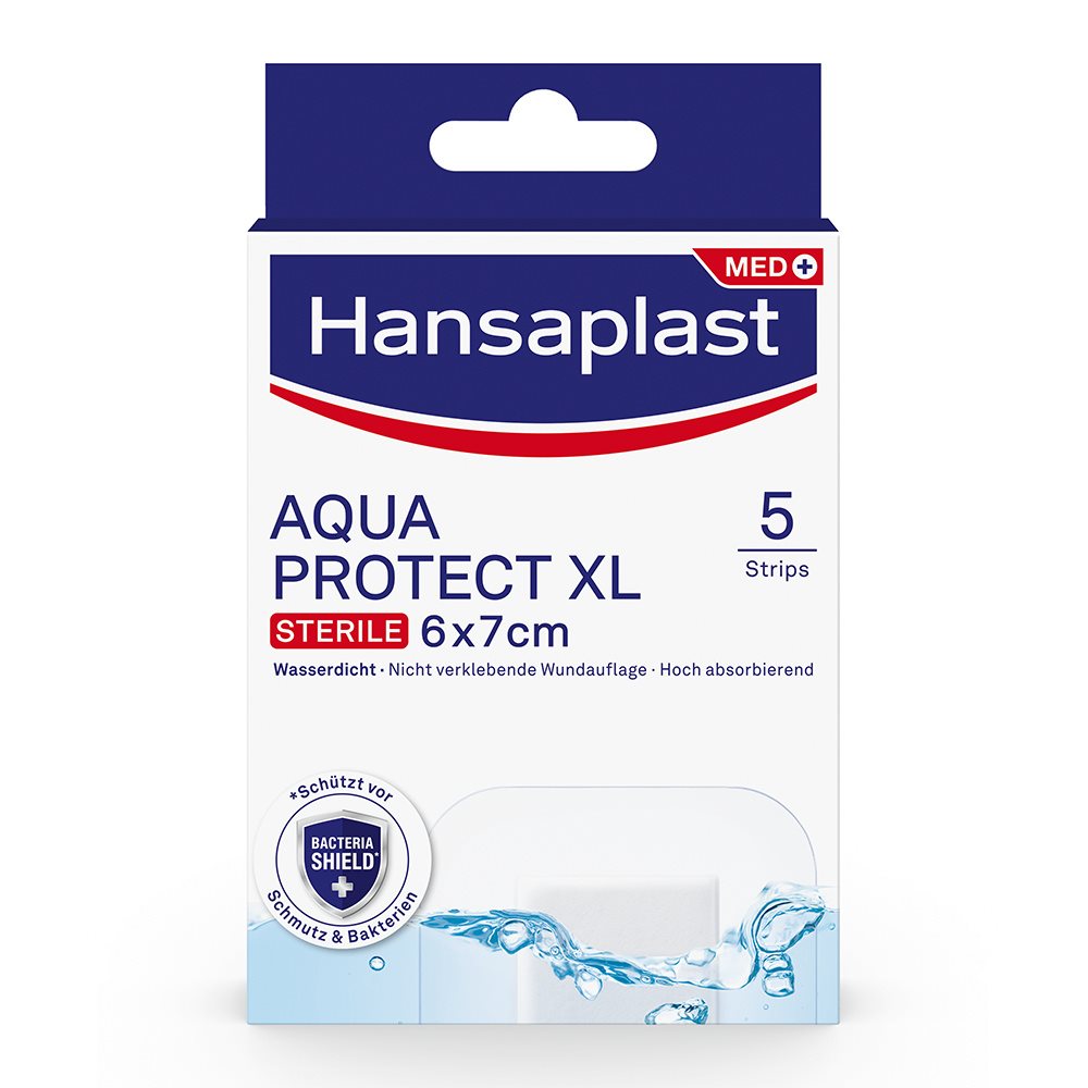 Hansaplast Aqua Protect XL packshot, sterile 6 × 7 cm waterproof plasters, 5 strips