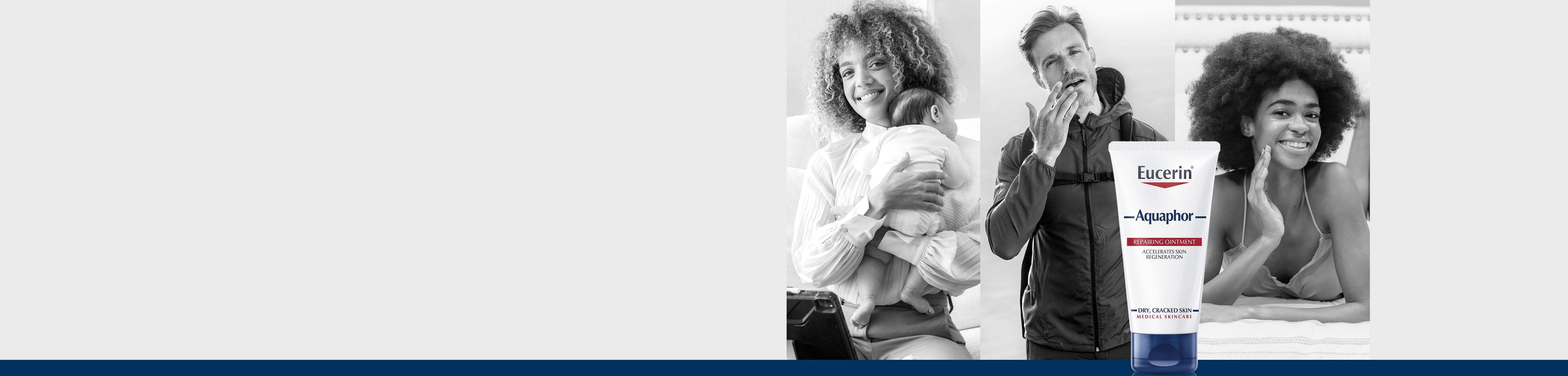 Eucerin Aquaphor Healing Ointment with diverse people in black and white background.