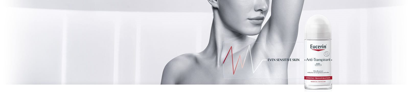 Eucerin Anti-Transpirant Deodorant next to a woman's underarm.
