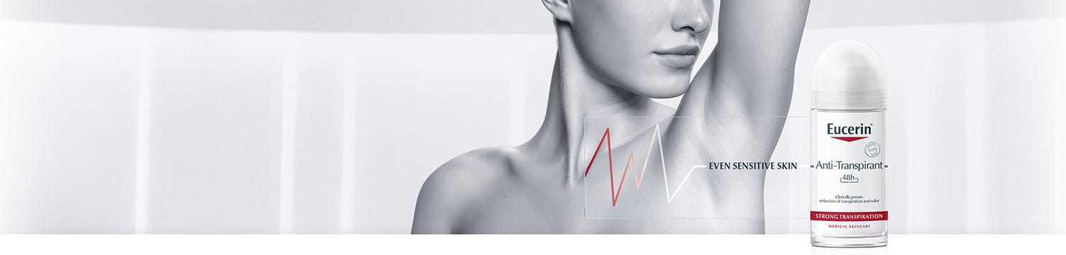 Eucerin Anti-Transpirant Deodorant next to a woman's underarm.