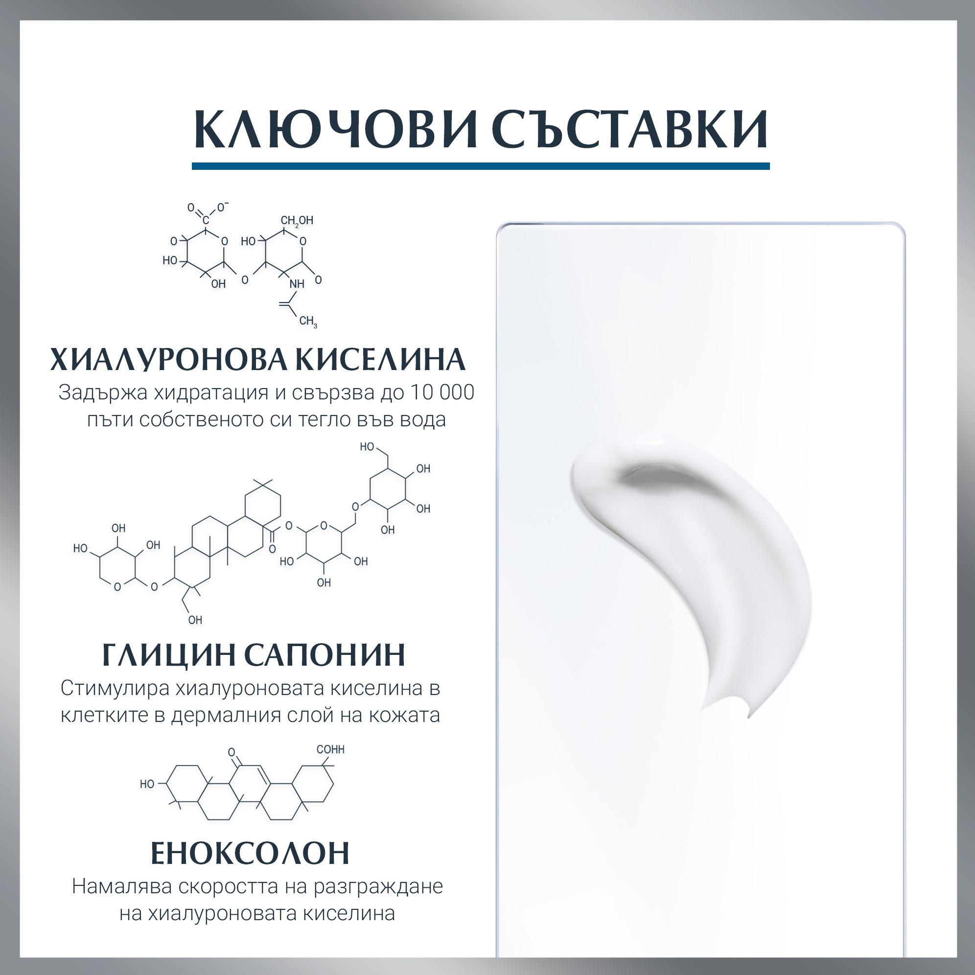 Основни съставки на Hyaluron-Filler Дневен крем с SPF15 за нормална и смесена кожа