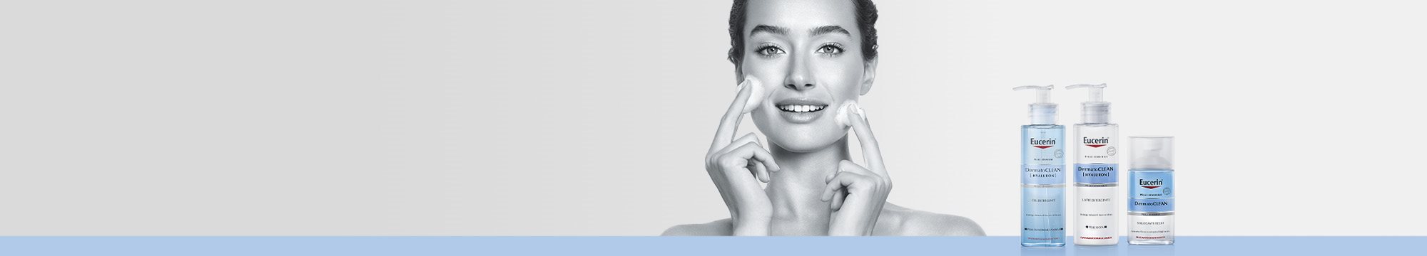 Ragazza che si deterge il viso e gamma prodotti in primo piano