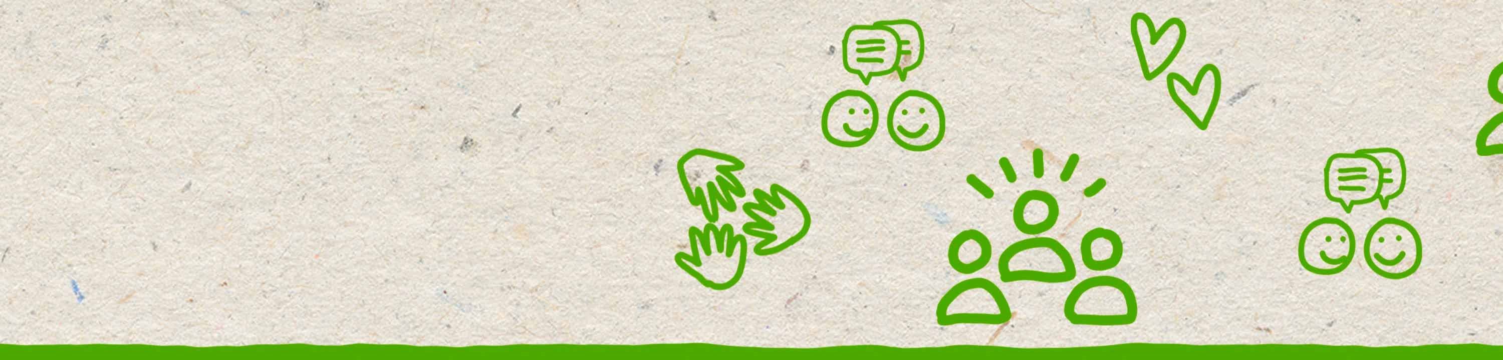 Illustrazioni astratte verdi di cuori, persone e mani, che rappresentano amore e comunità.