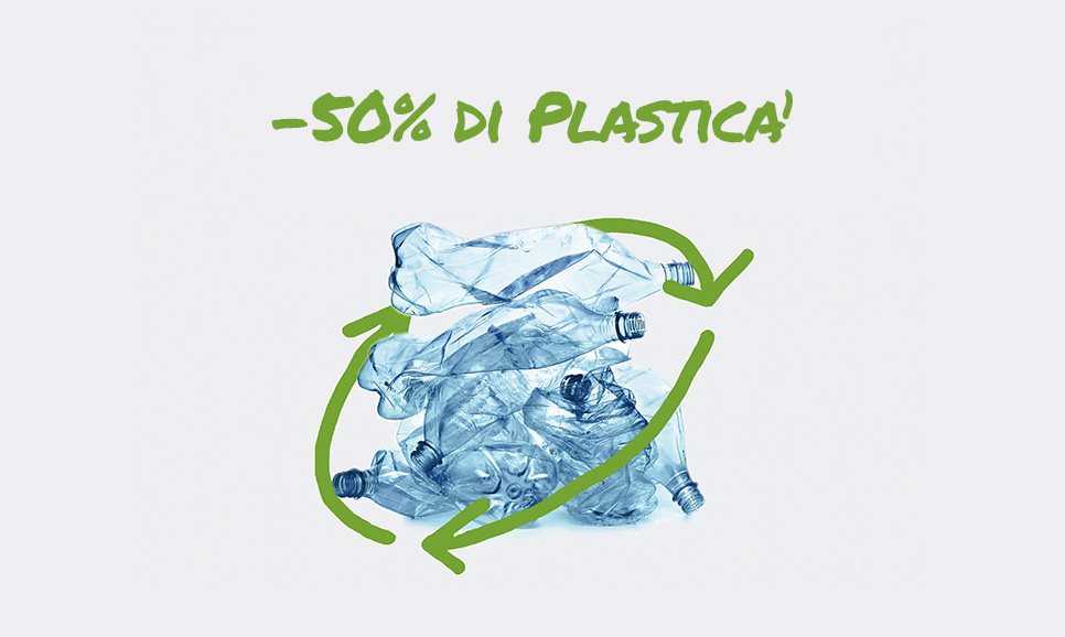 Una pila di bottiglie di plastica scartate circondata da un simbolo stilizzato di riciclaggio
