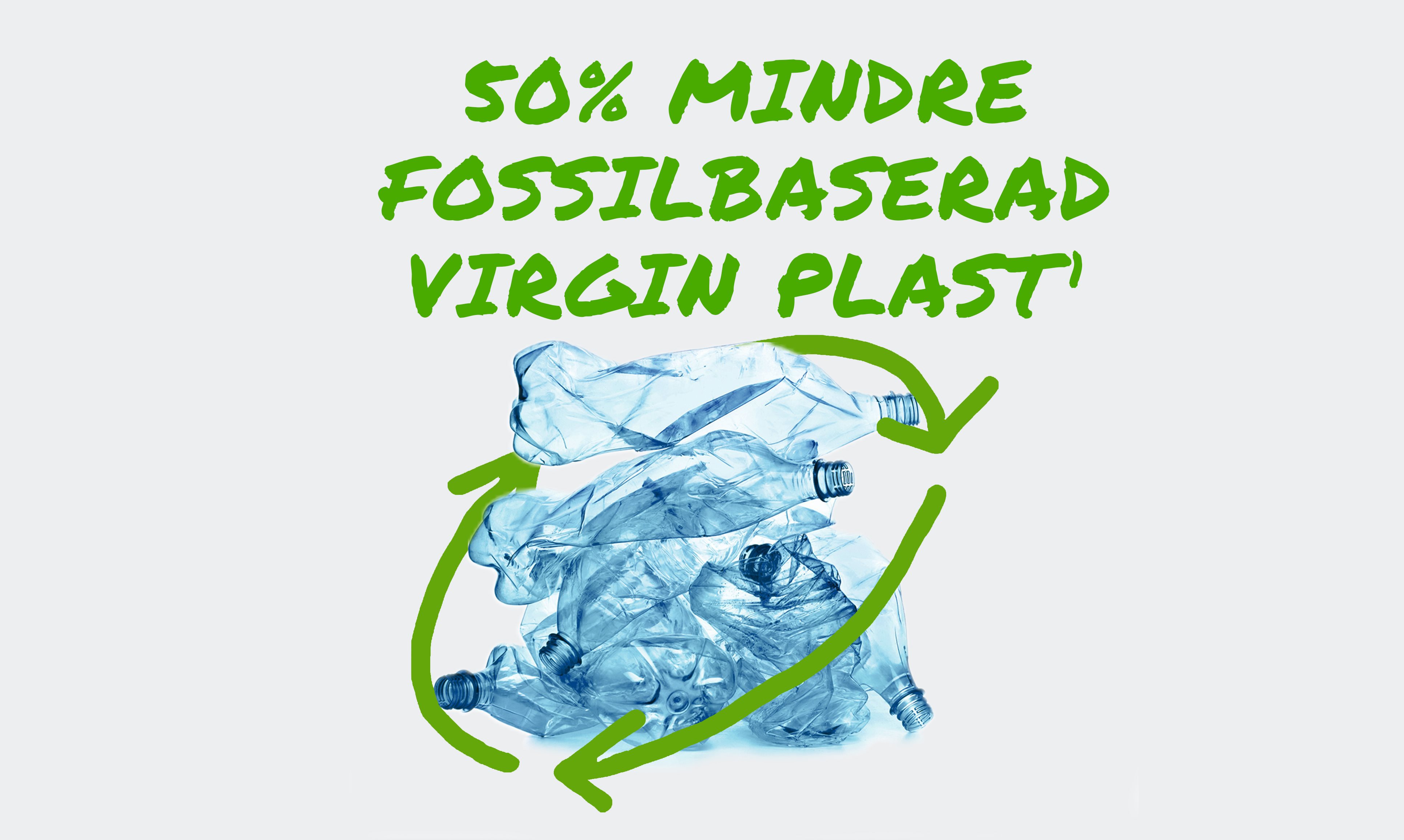 En hög med plastflaskor cirklad av en stiliserad återvinningssymbol