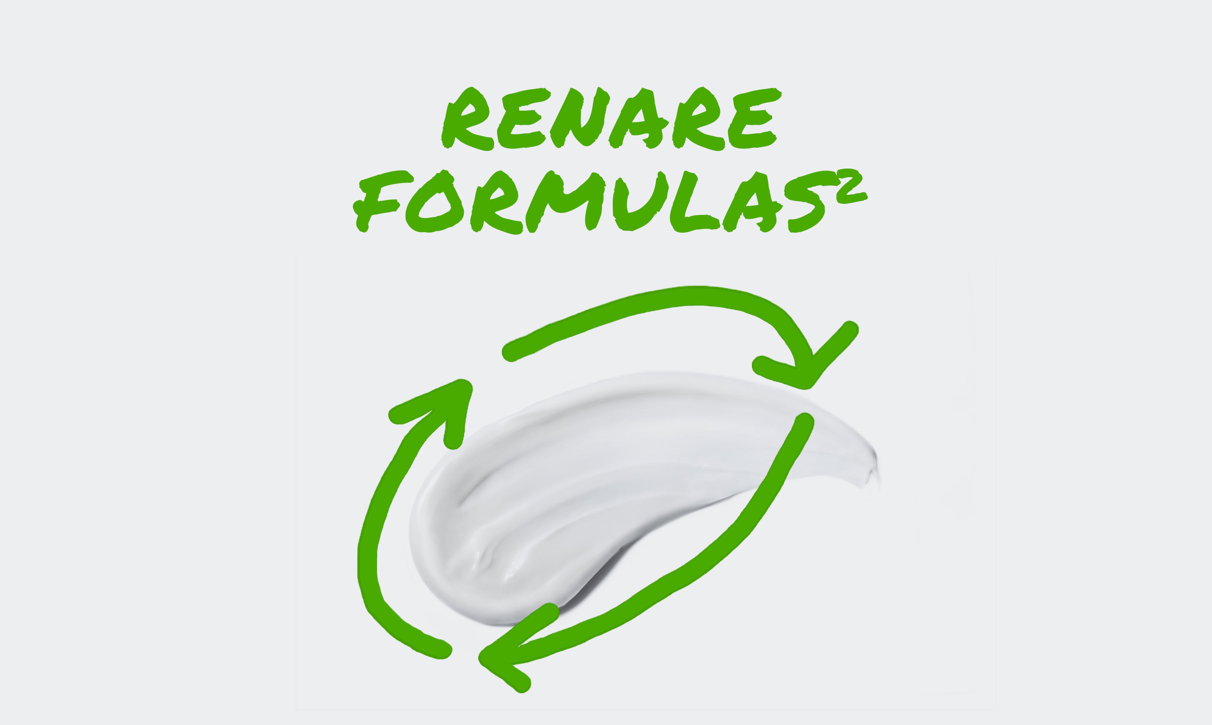 En texturbild på lotion cirklad av en stiliserad återvinningssymbol.