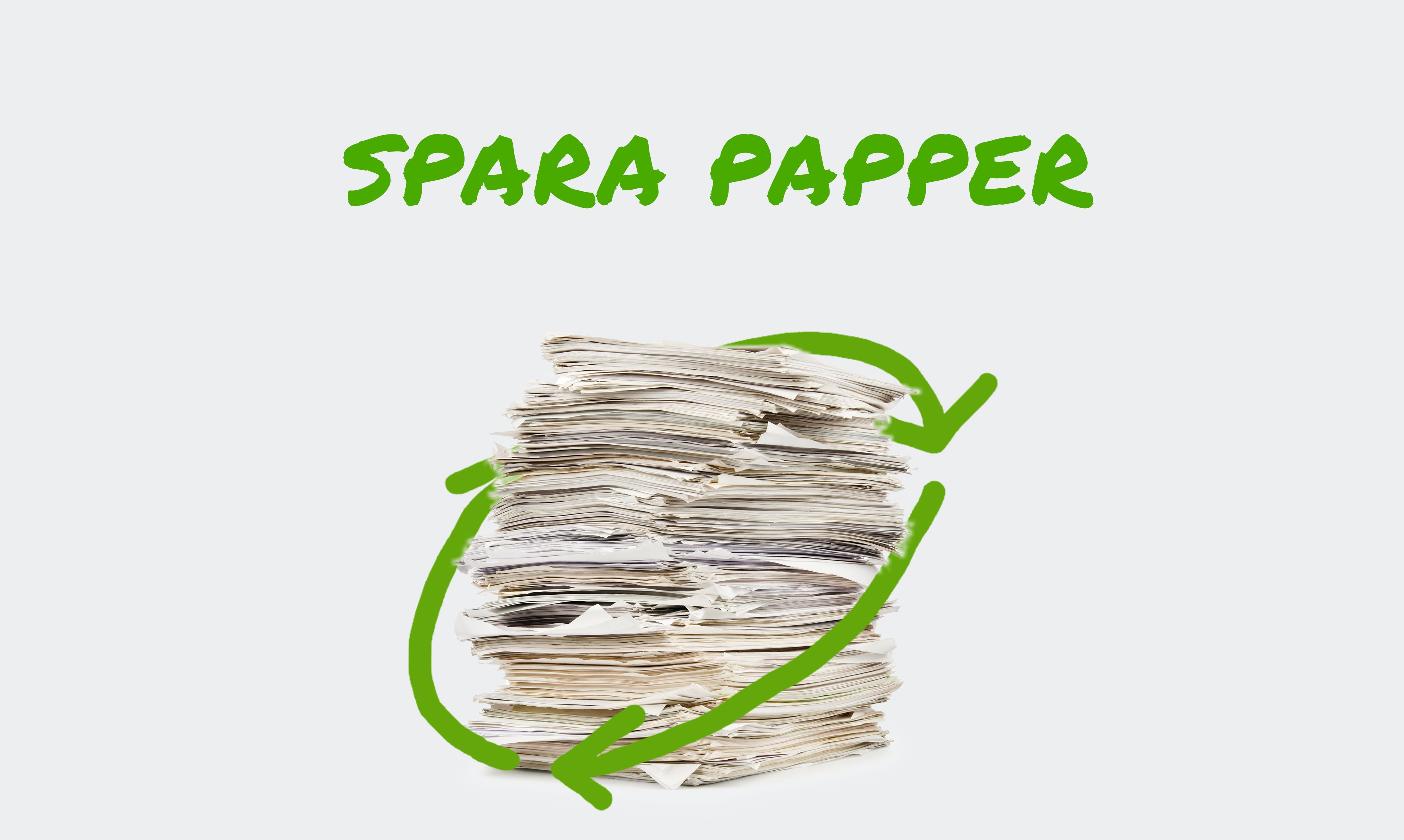 En hög med slängda tidningar cirklade av en stiliserad återvinningssymbol.