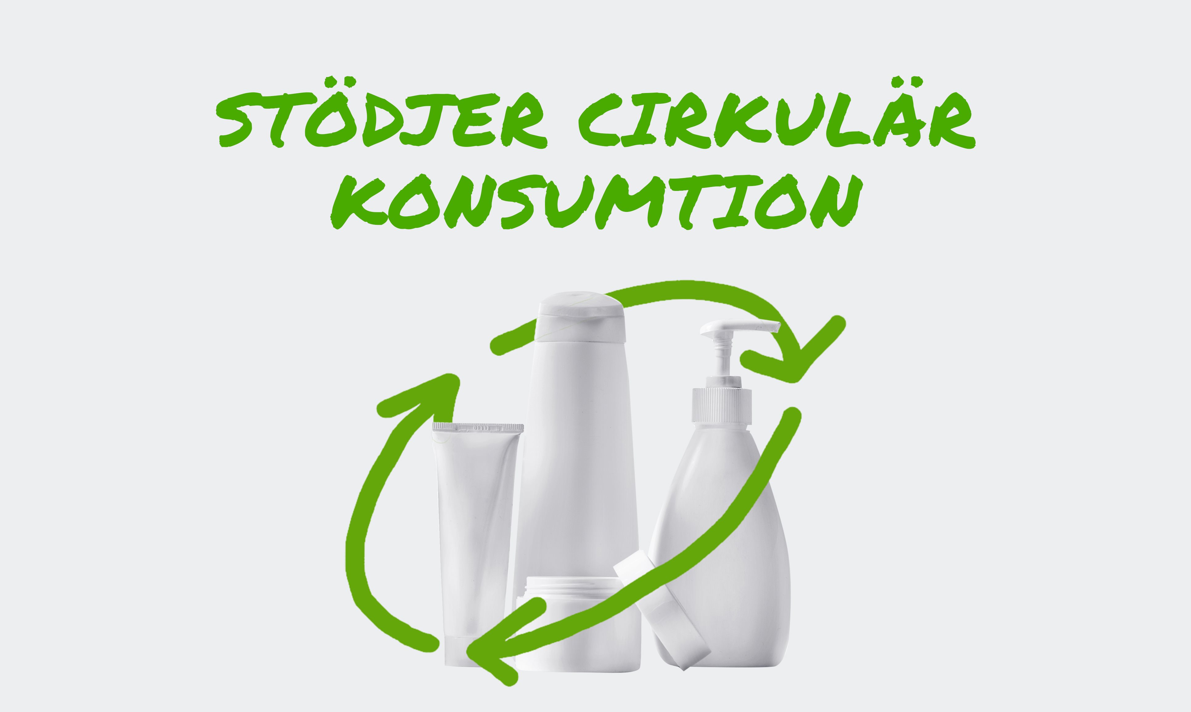 Tre lotionflaskor cirklade av en stiliserad återvinningssymbol