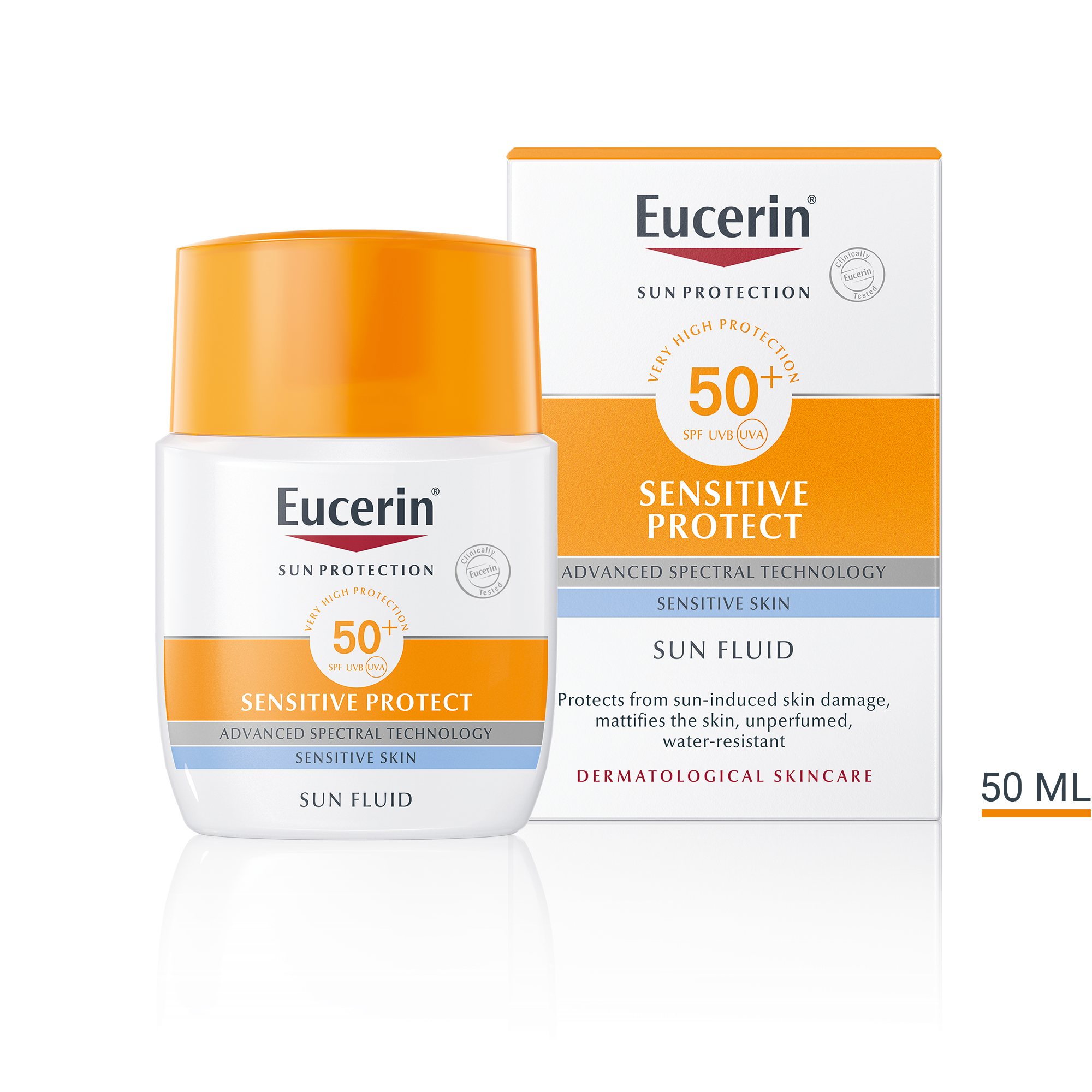 Produktbild med förpackningsstorlek Eucerin Sun Fluid SPF 50+