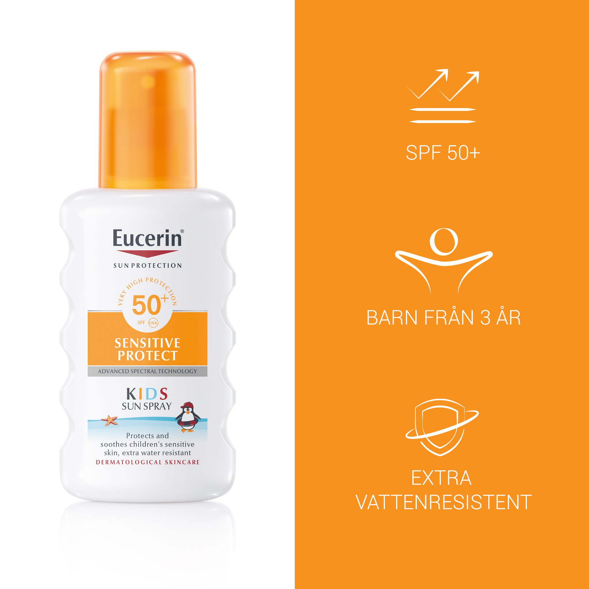 Bild med produktfördelar med Euceirin Sun Kids Spray SPF 50+ lämplig för barn från 3 år och extra vattenresistent