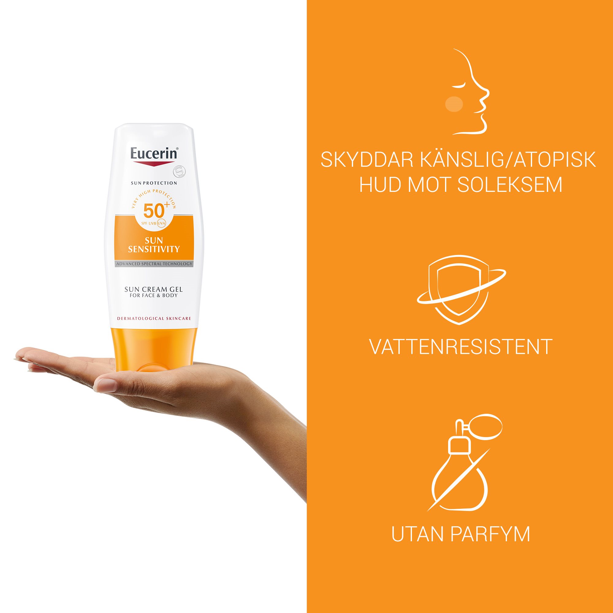 Bild med produktfördelar med Eucerin Sun Sensitivity SPF 50+, Skyddar känslig/atopisk hud mot soleksem, vattenresistent och utan parfym