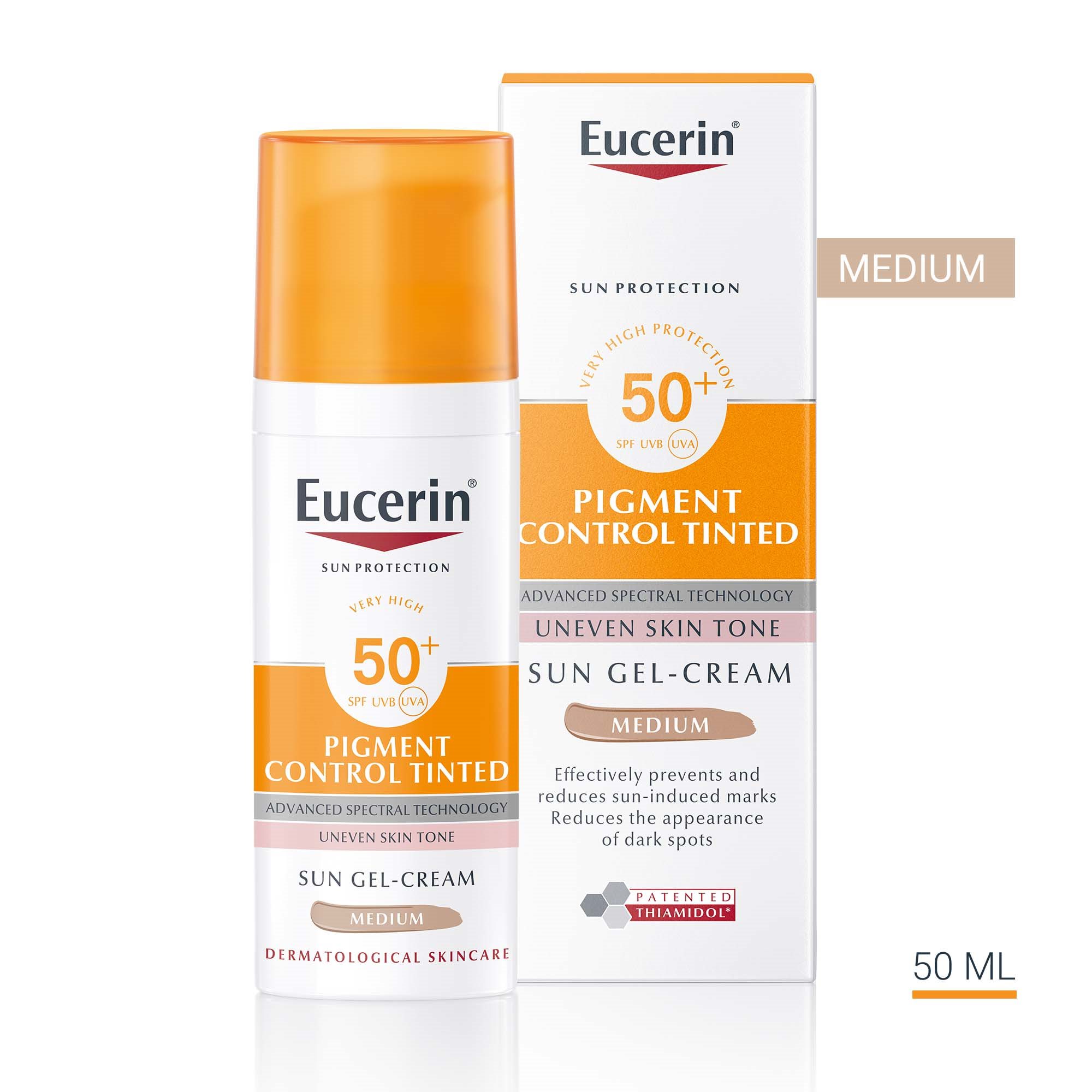 Produktbild med förpackningsstorlek för Eucerin Sun Pigment Control Tinted SPF50+ 