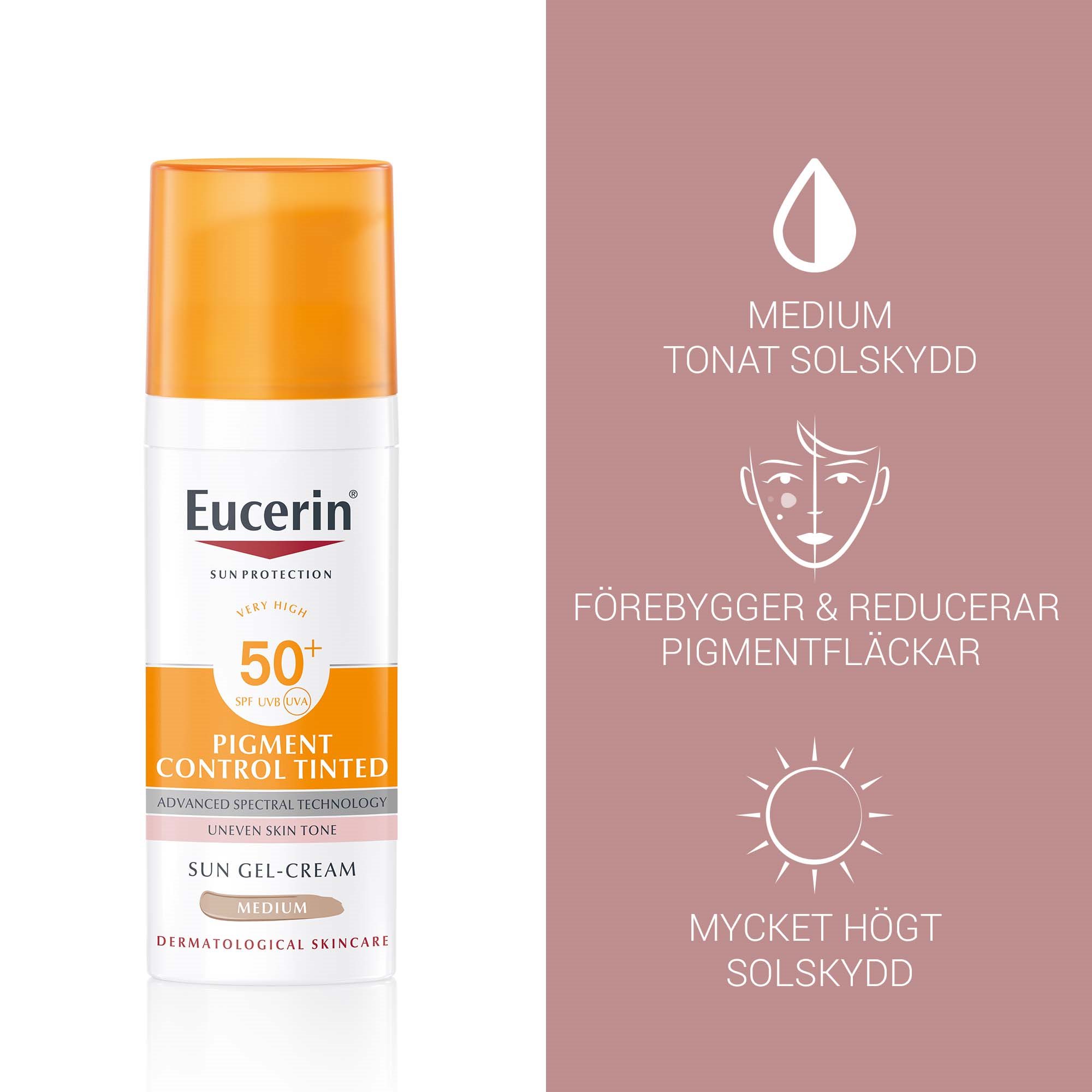 Bild med produktfördelarna för Eucerin Sun Pigment Control Tinted SPF50+, medium tonat solskydd, förebygger & reducerar pigmentfläckar och mycket högt solskydd