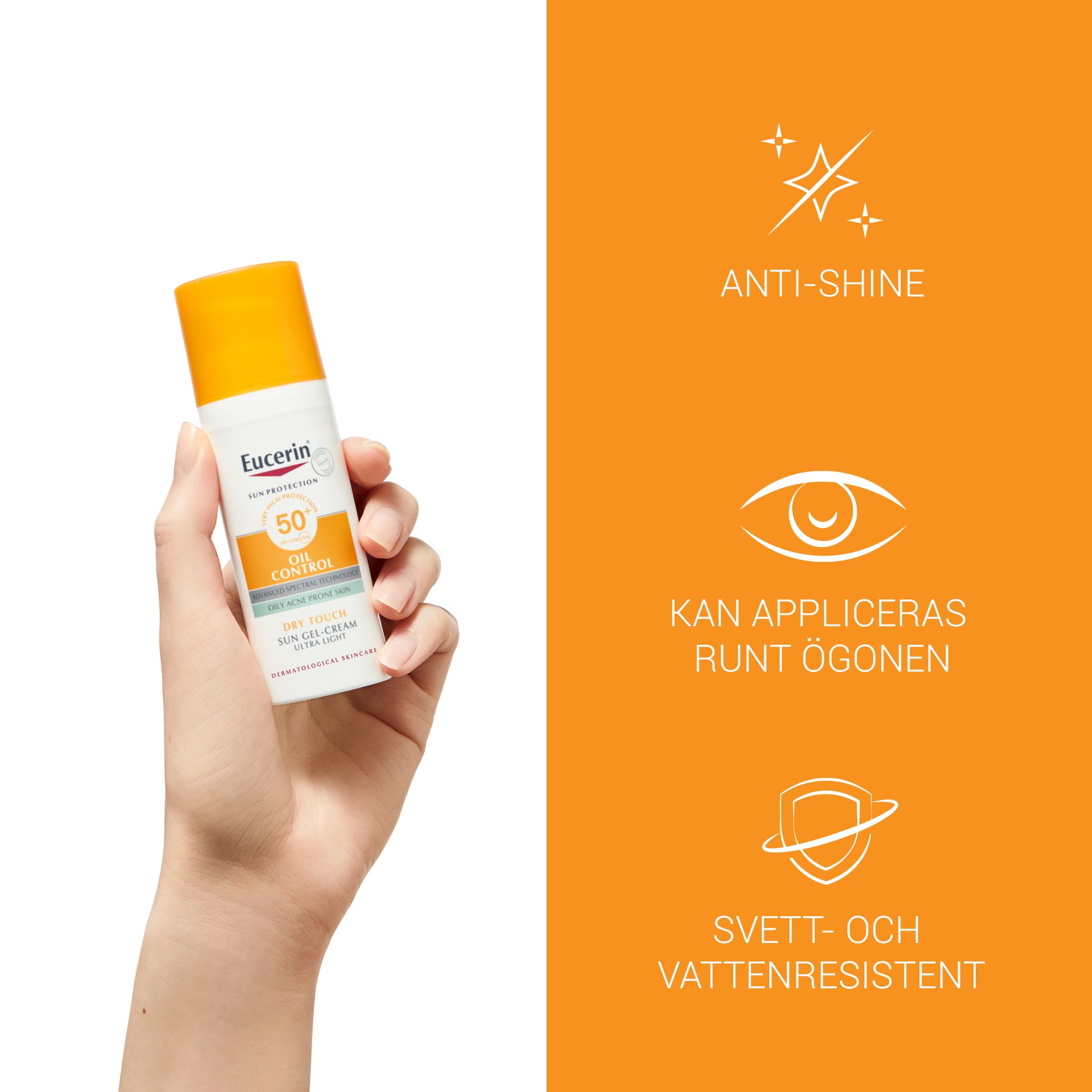 Bild med produktfördelar för Eucerin Sun Oil Control  SPF 50+, anti-shine, kan appliceras runt ögonen, svett- och vattenresistent