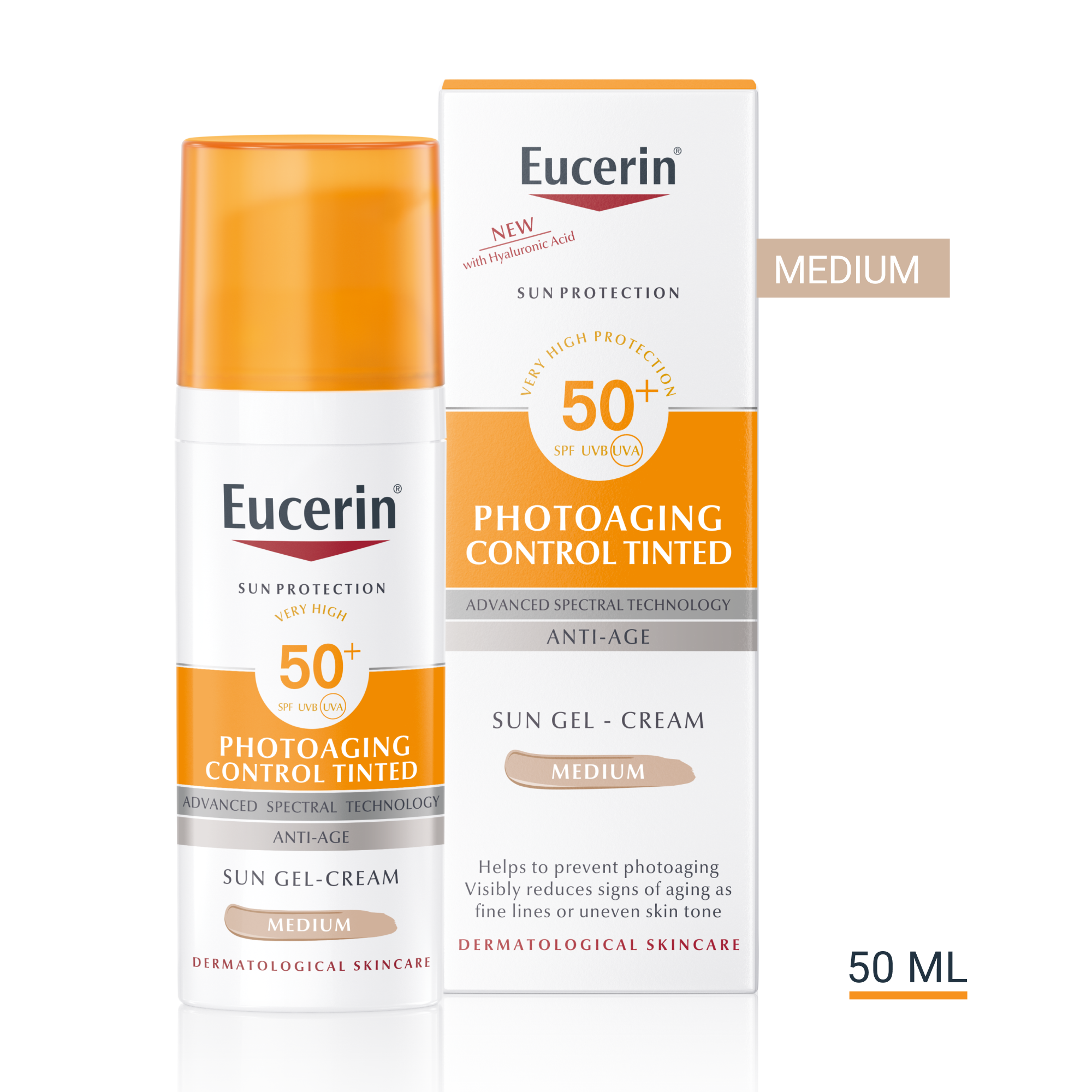 Produktbild med förpackningsstorlek för Eucerin Sun Face Tinted Photoaging Control SPF50+