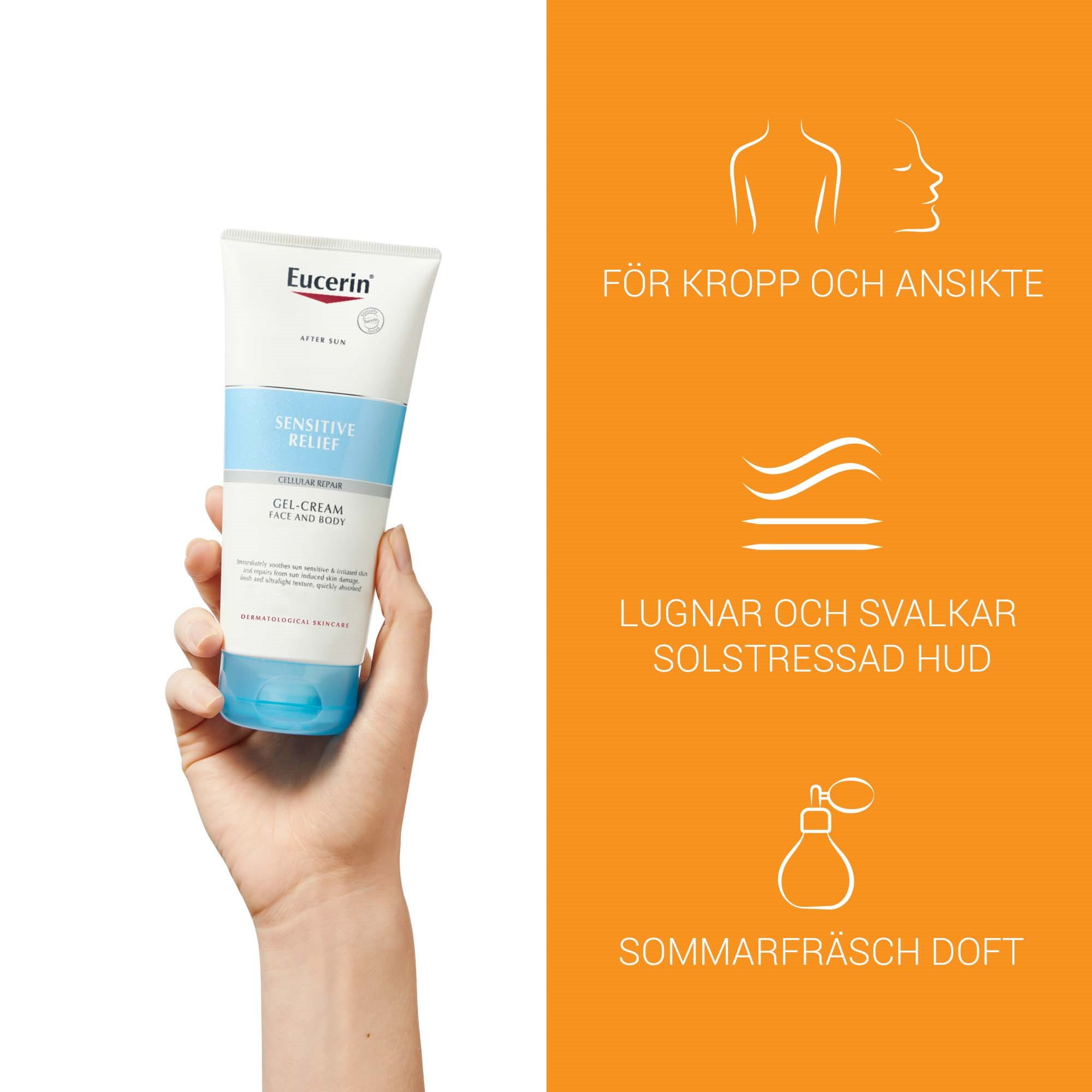 Produktbild med produktfördelar för Eucerin After Sun Sensitive Relief Gel-Cream, för kropp och ansikte, lugnar och svalkar solstressad hud och oparfymerad