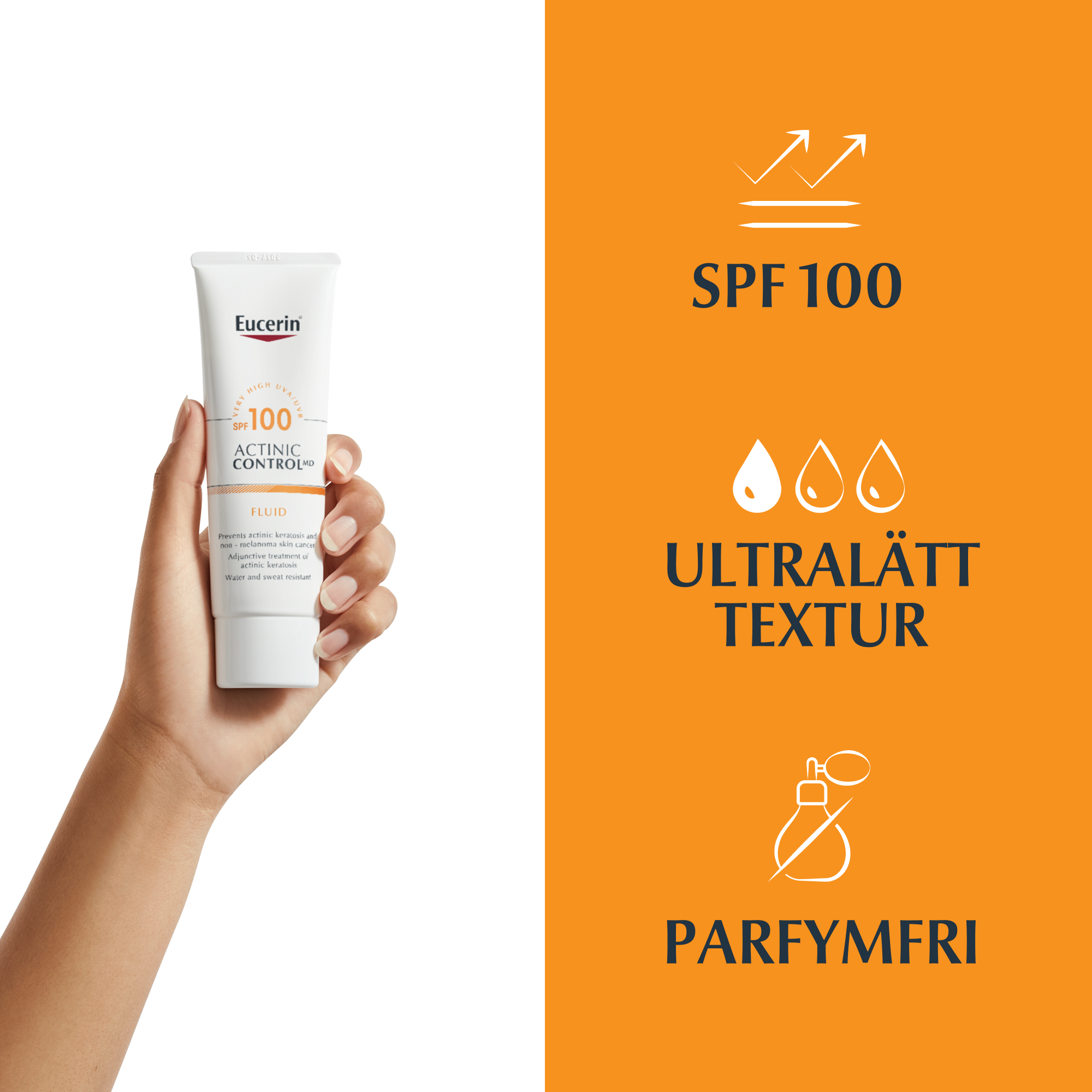 Bild på Eucerin Actinic Control SPF 100 som hålls i en hand och egenskaper för produkten: SPF 100, Ultralätt textur, parfymfri
