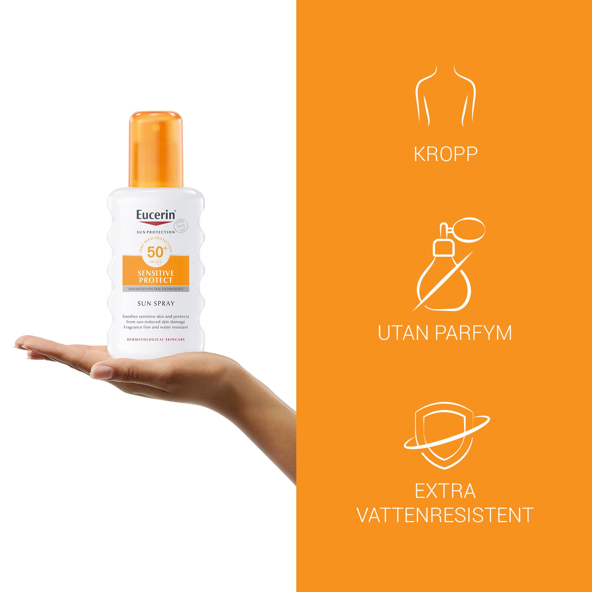Bild med produktfördelar för Eucerin Sun Spray SPF 50+, för kropp, utan parfym och extra vattenresistent