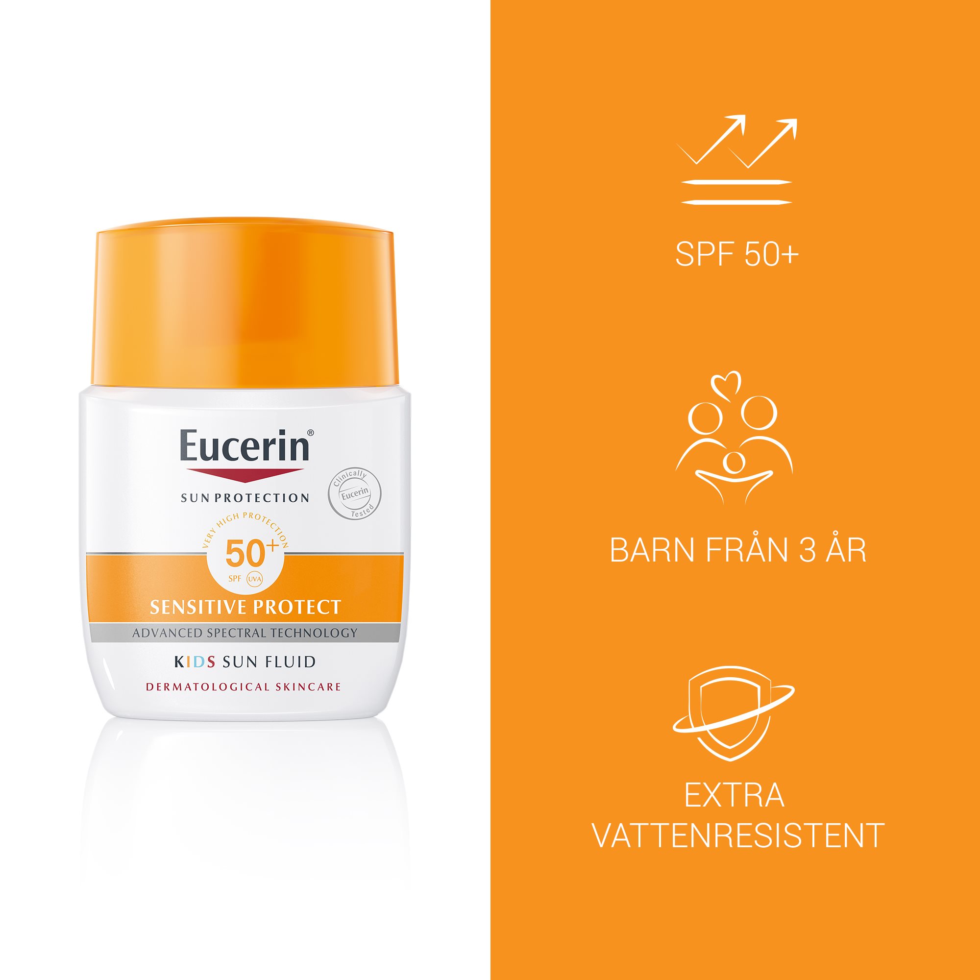 Bild med produktfördelarna med Eucerin Kids Sun Fluid Pocket SPF 50+, anpassad för barn från 3 år och extra vattenresistent