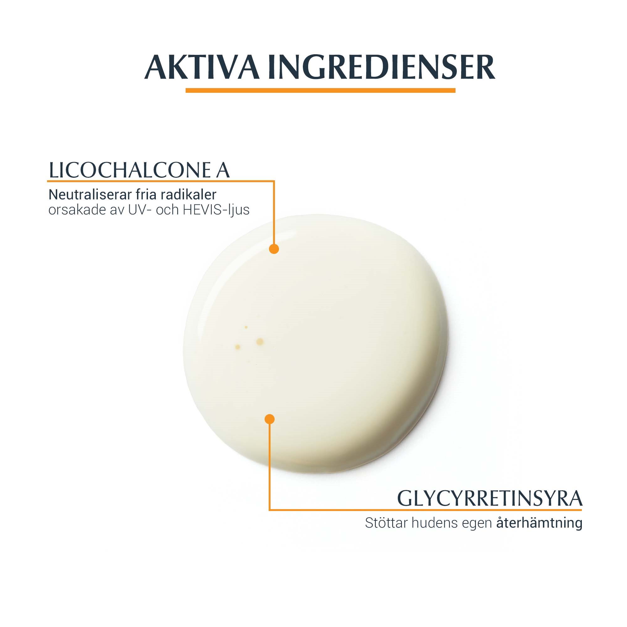 Bild med konsitens och aktiva ingredienser för Eucerin Kids Sun Fluid Pocket size SPF 50+, licochalcone A och glycyrretinsyra