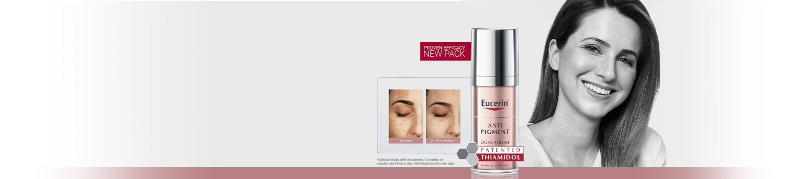 Eucerin Anti-Pigment skincare product with before and after results and smiling woman.