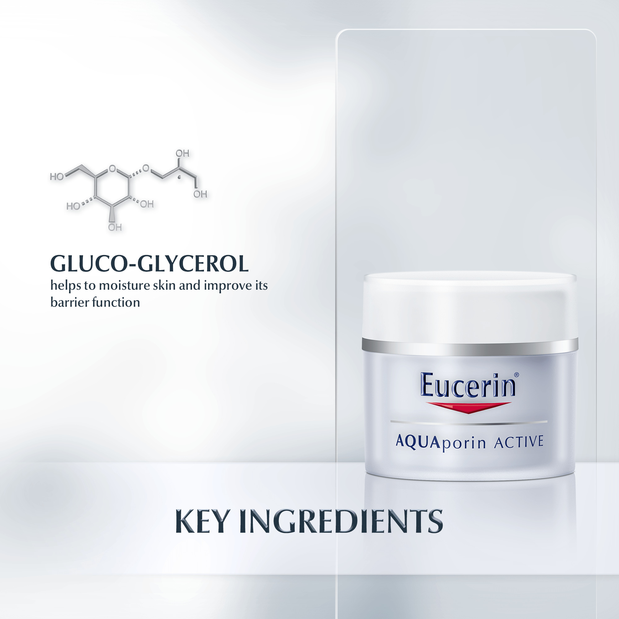 Eucerin AQUAporin ACTIVE face cream with Gluco-Glycerol key ingredient.