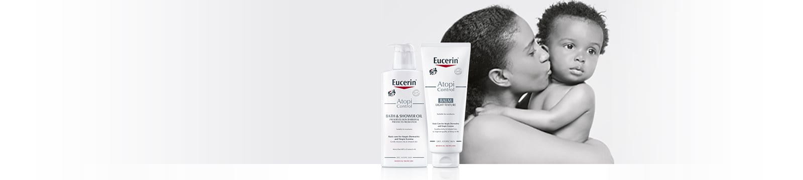 Eucerin Atopic Control products with mother holding baby in background.
