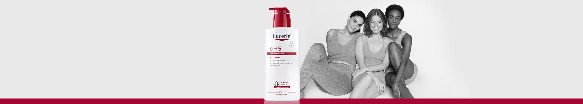 Eucerin pH5 Lotion bottle with three smiling women in the background.