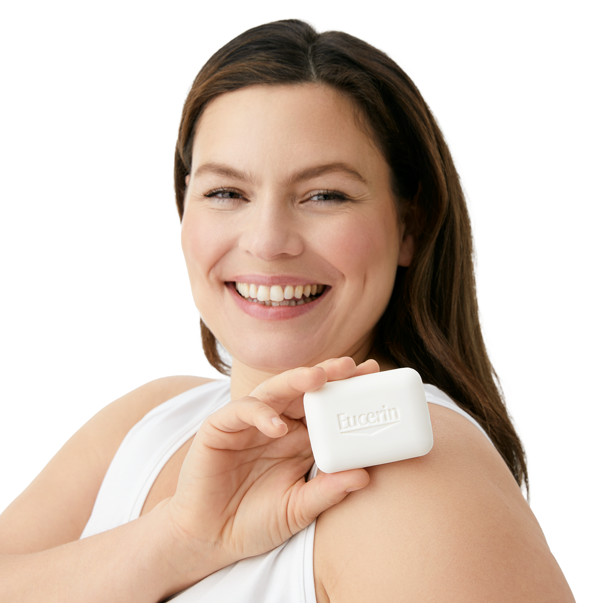 Woman smiling and holding Eucerin pH5 Soap-Free Bar.