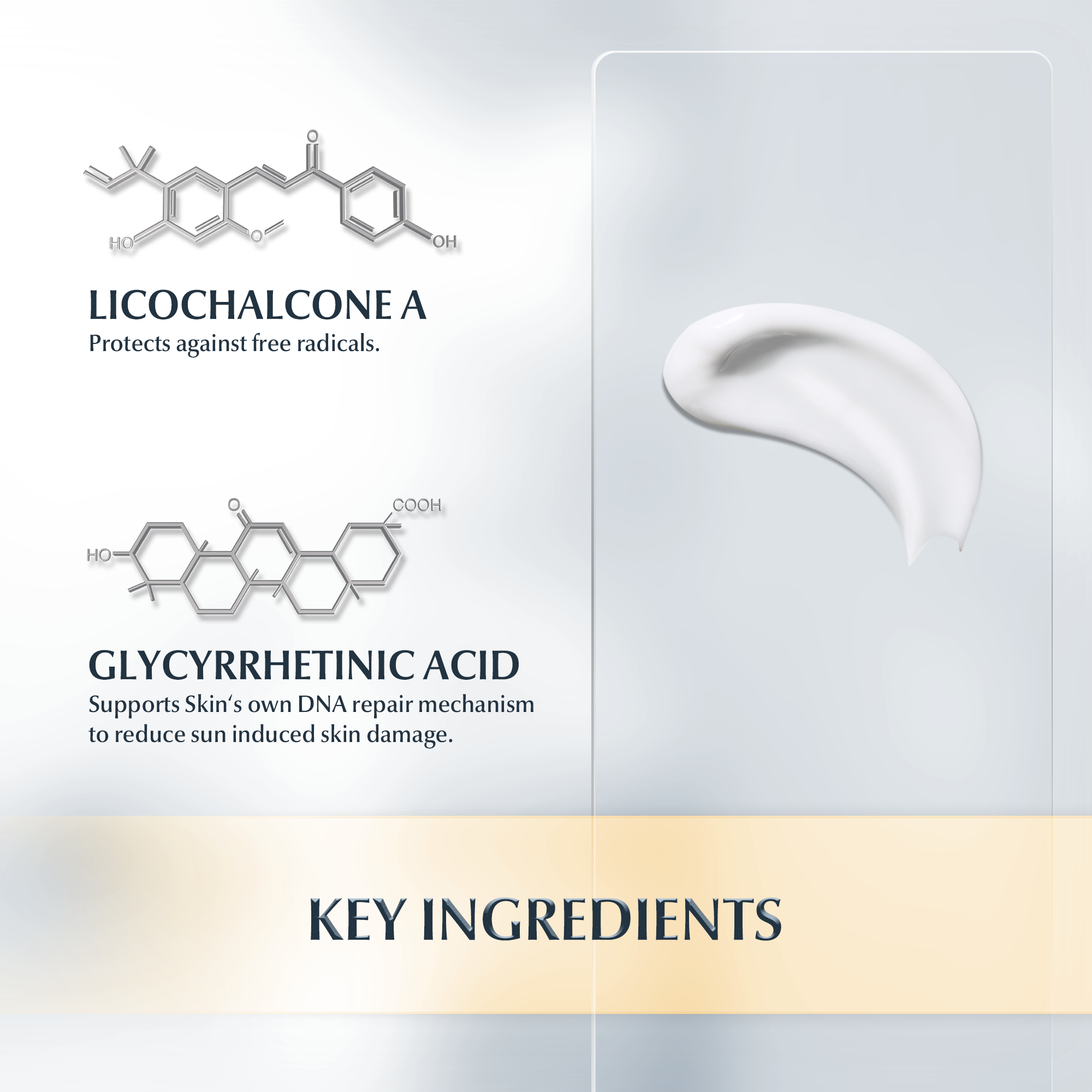 Key ingredients of Eucerin After Sun Gel Creme including Licochalcone A and Glycyrrhetinic Acid.
