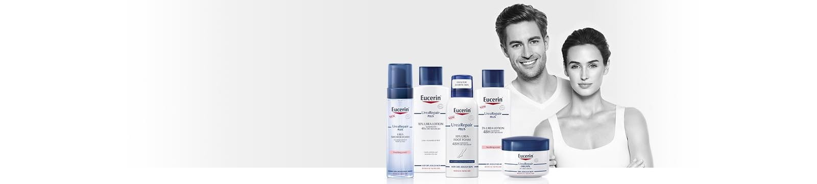 Eucerin UreaRepair product lineup with smiling man and woman in the background.