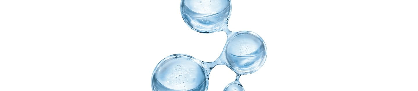 Hyaluronic acid molecule illustration with blue water droplets.