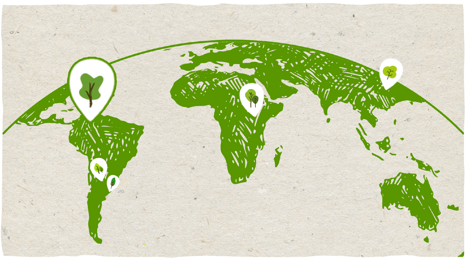 Illustration av en världskarta där olika initativ är utmärkta med gröna symboler
