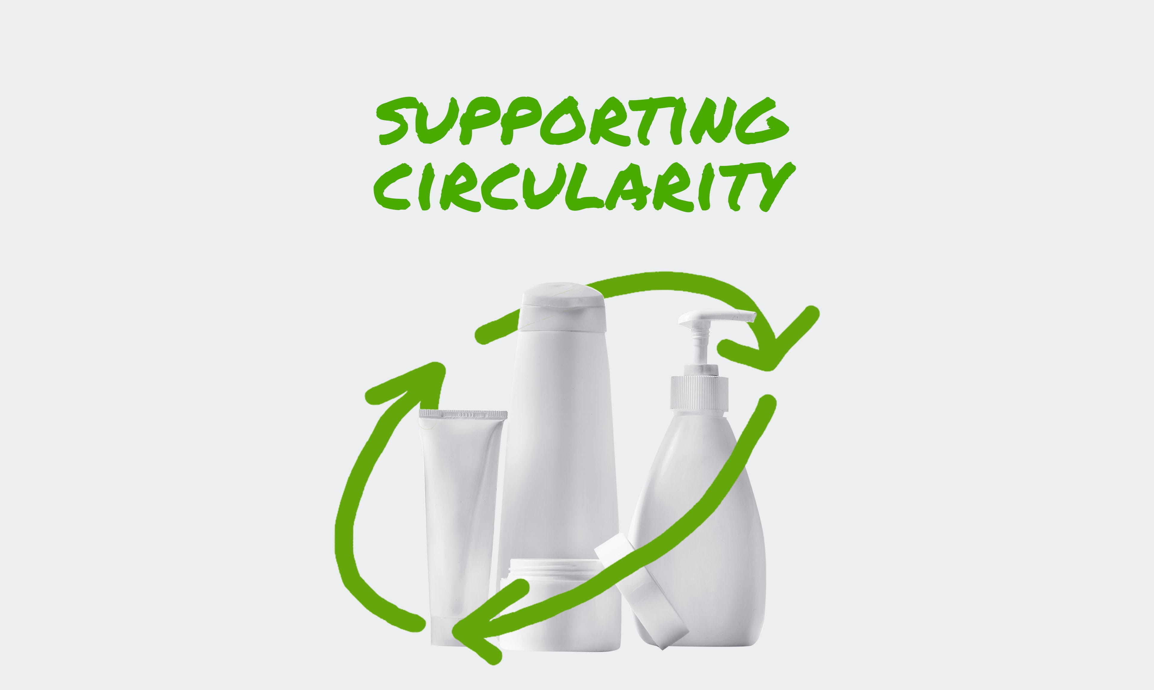 Three lotion bottles encircled by a stylized recycling symbol