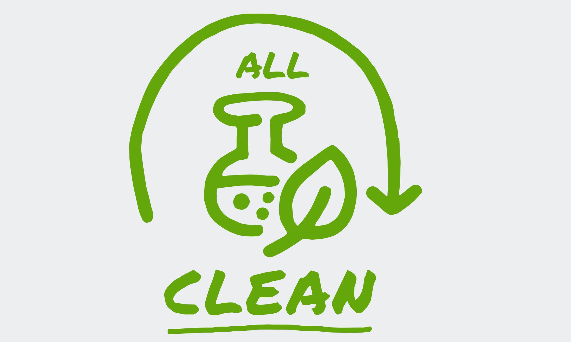 Un'icona illustrata mostra una freccia che forma un semicerchio intorno alle parole "All Clean", che appare accanto a una foglia e a un bicchiere.