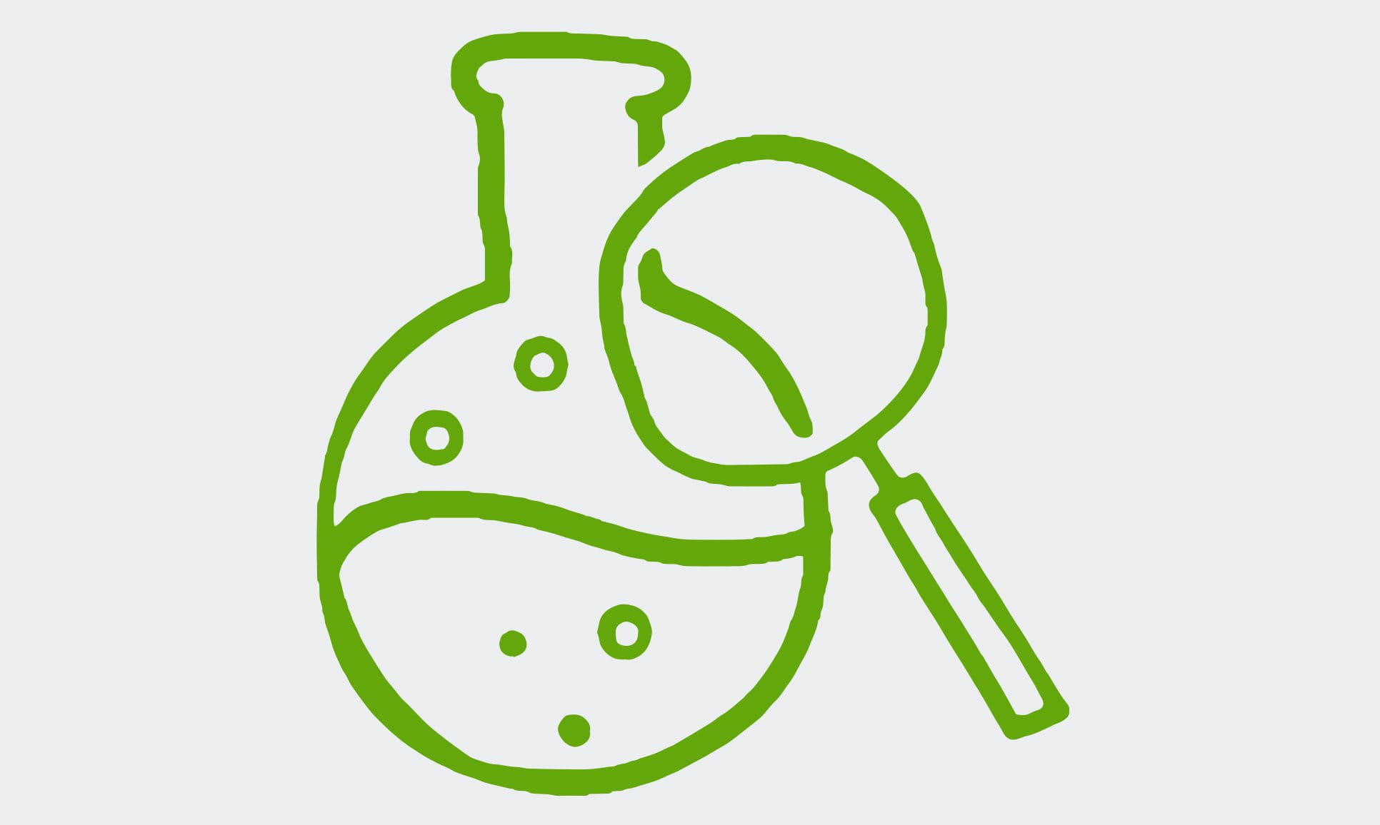 Abstrakt grön illustration av ett förstoringsglas som undersöker en glasflaska