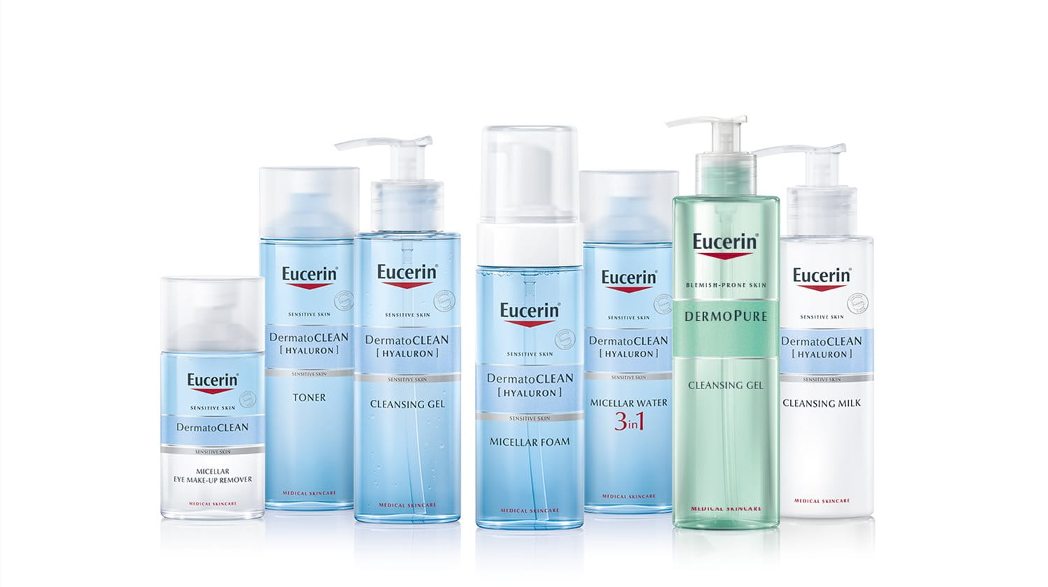 Eucerin products arranged in a line.