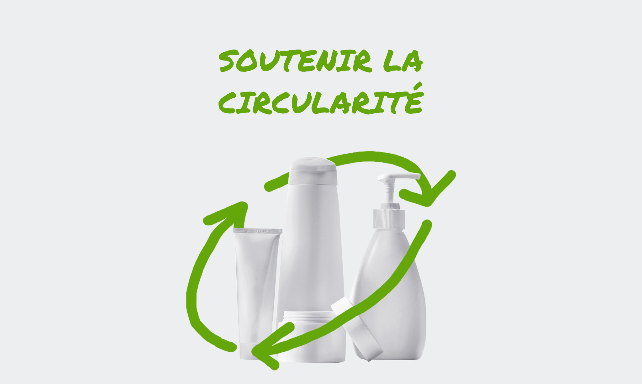 Trois flacons de lotion entourés d’un symbole de recyclage stylisé