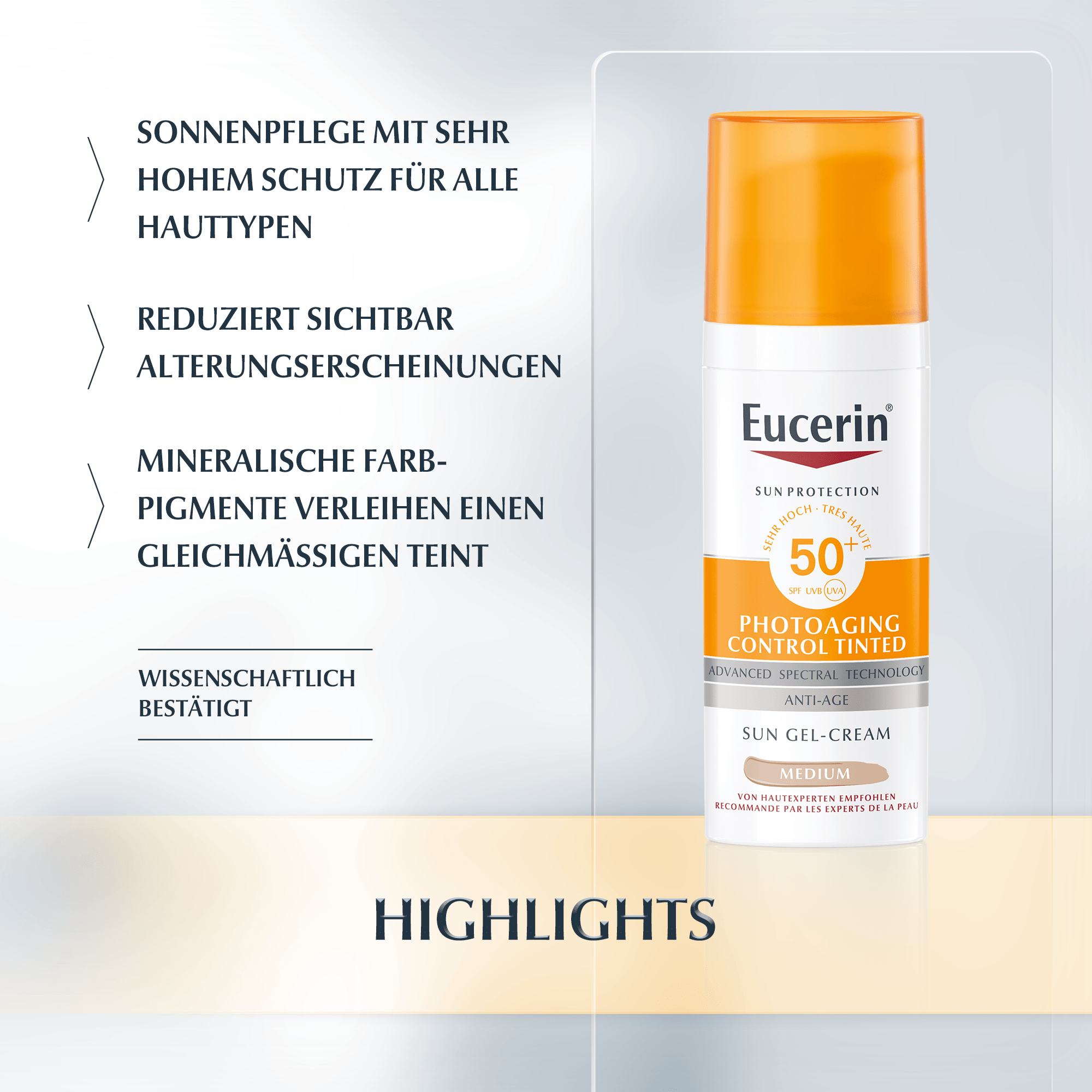 Eucerin Sun Protection Photoaging Control Tinted SPF 50+ Medium contains mineral colour pigments and hyaluronic acid. 