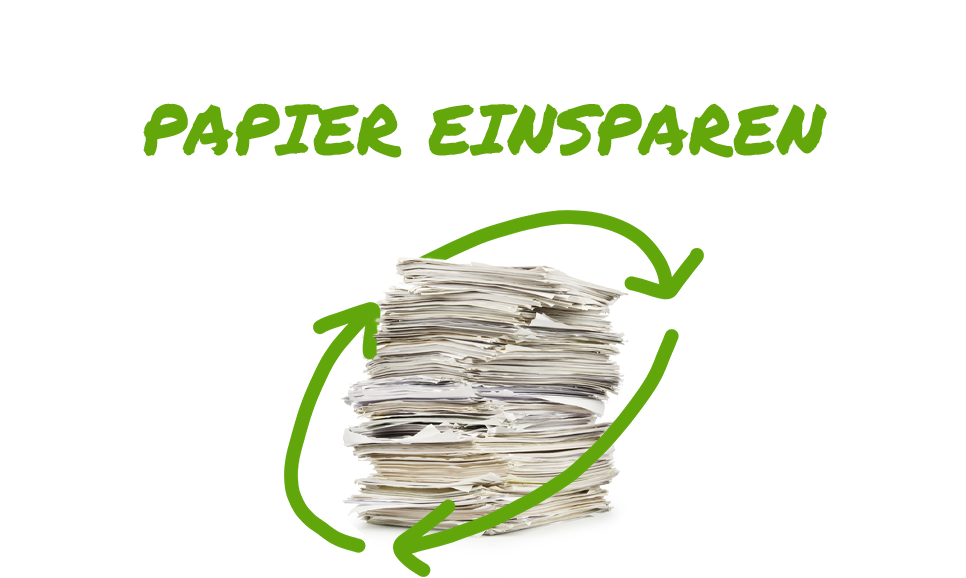 Ein Stapel weggeworfenes Papier, umringt von einem stilisierten Recycling-Symbol