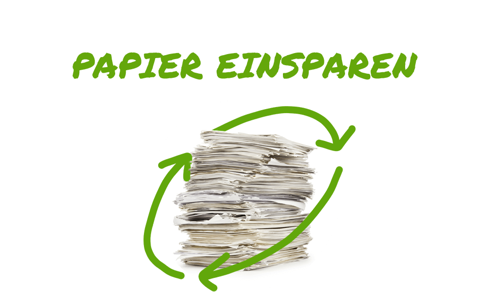 Ein Stapel weggeworfenes Papier, umringt von einem stilisierten Recycling-Symbol