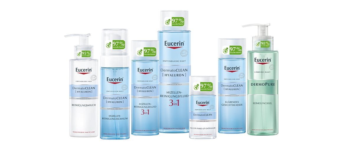 Eucerin-Produkte in einer Reihe angeordnet.