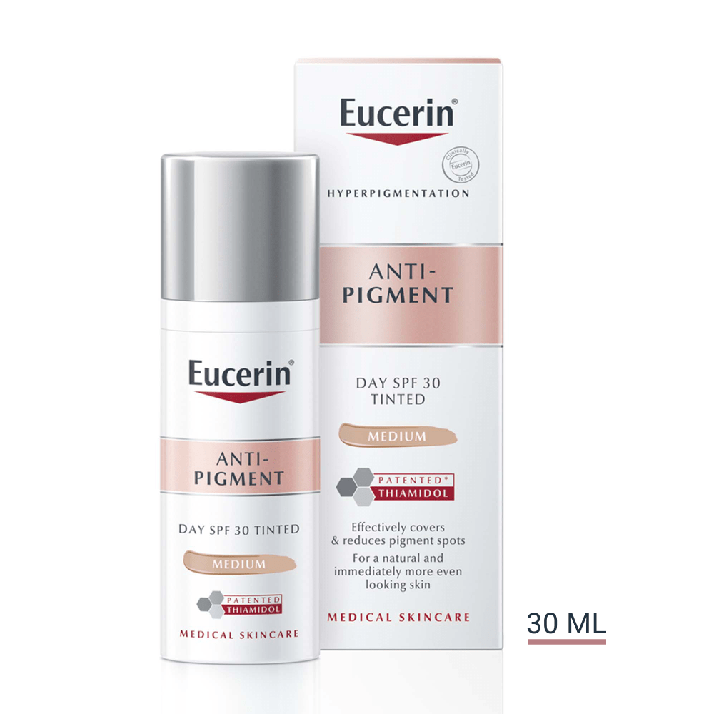 Az Eucerin Anti-Pigment színezett nappali arckrém medium FF30 kiváló fedést biztosít.