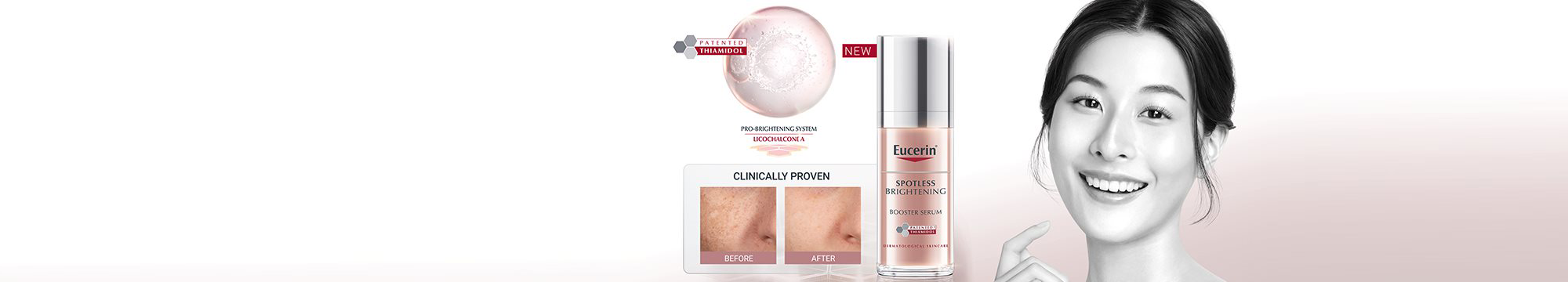 A banner showing Eucerin spotless brigtening products with its effectiveness and a woman applying it