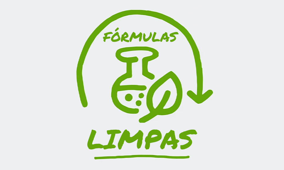 Um ícone ilustrado mostra uma seta que forma um semicírculo em torno da palavra "Fórmulas Limpas", aparecendo ao lado de uma folha e um copo de precipitação.