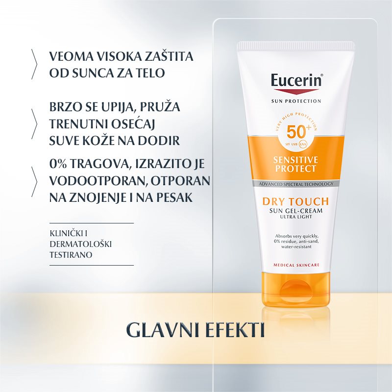 Eucerin Dry Touch Gel-krem za zaštitu osetljive kože od sunca SPF 50+ - Glavni efekti