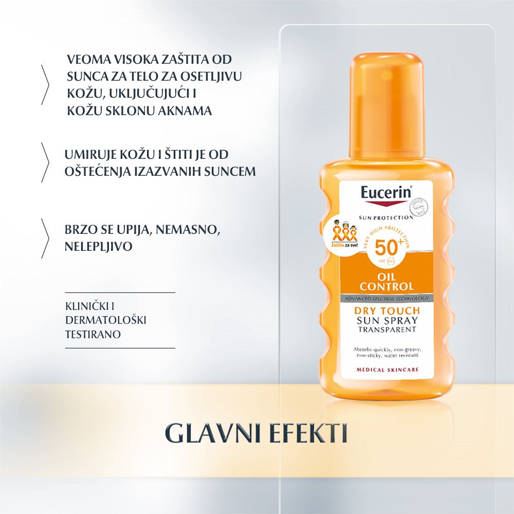 Eucerin Oil Control Dry Touch sprej za zaštitu osetljive kože od sunca SPF 50+ - Glavni efekti